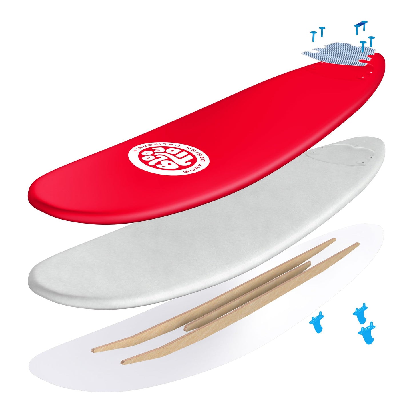 Bloo Tide 8ft Surfboard Soft top Red with Blue Wavizm Design Bottom Graphic