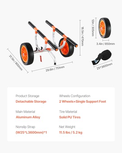 Heavy Duty Kayak Cart with Adjustable Width and Solid Tires for Transport