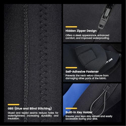 5/4mm Neoprene Wetsuit with Front Zip for Cold Water Surfing & Diving