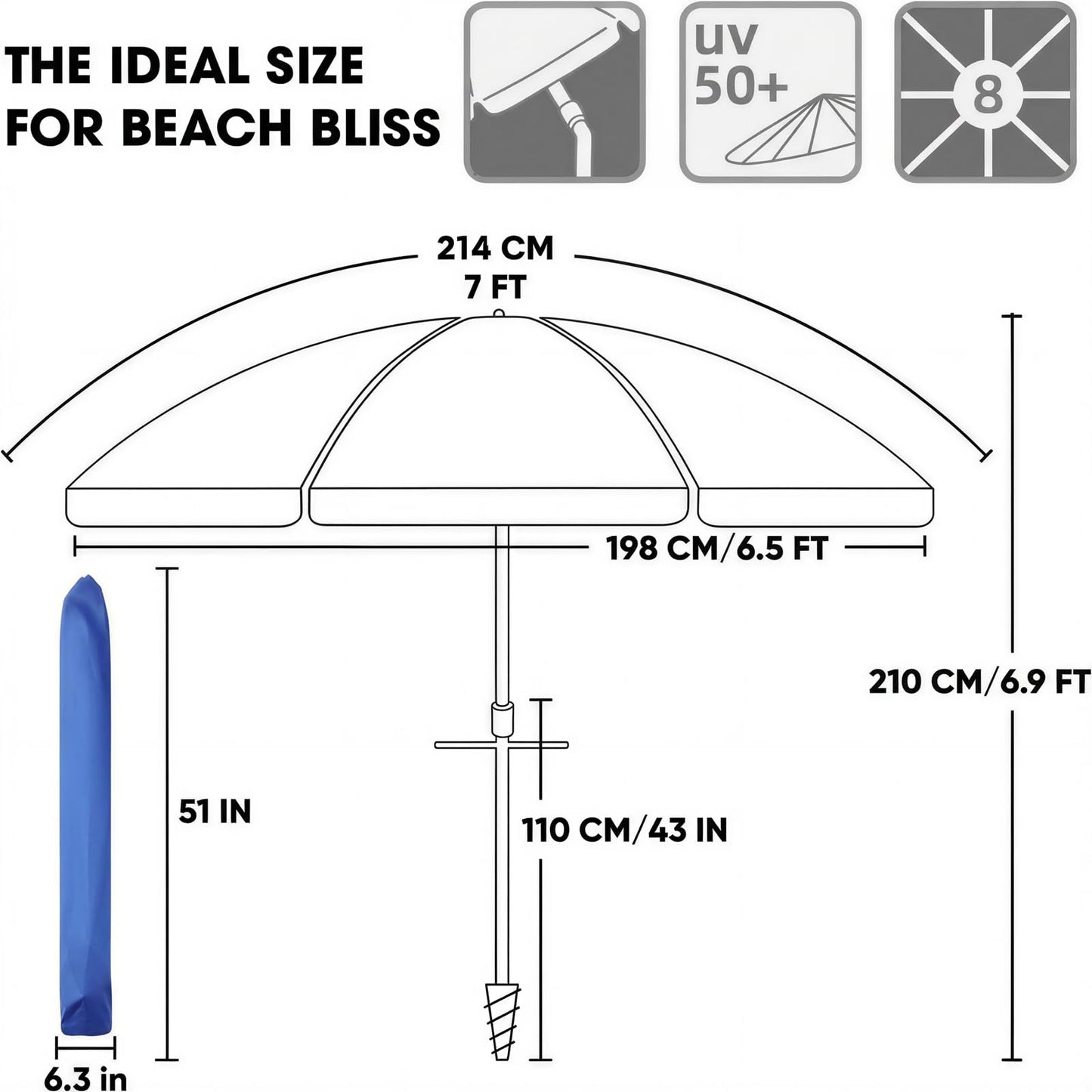 wikiwiki 7ft Beach Umbrella with Sand Anchor & Tilt