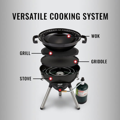 4-in-1 Portable Propane Camping Grill with Grill Stove Griddle & Wok Attachments