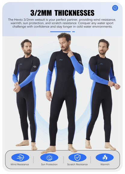 3/2mm Neoprene Wetsuit with Front & Back Zip for Surfing Diving & Swimming