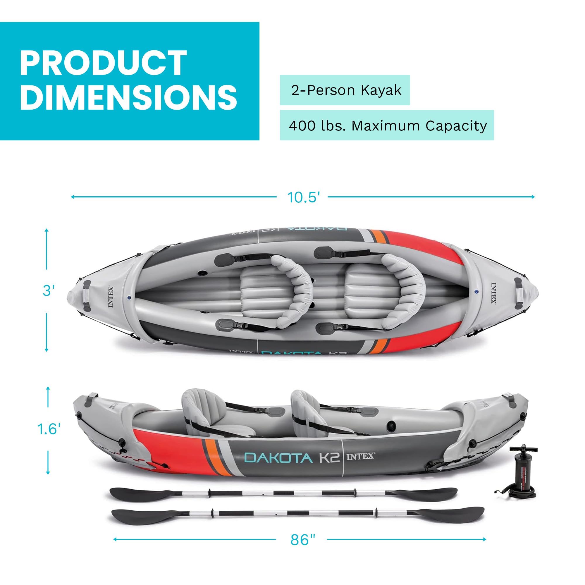 INTEX 2-Person Inflatable Kayak Set, Dakota K2 with 86in Oars and Pump