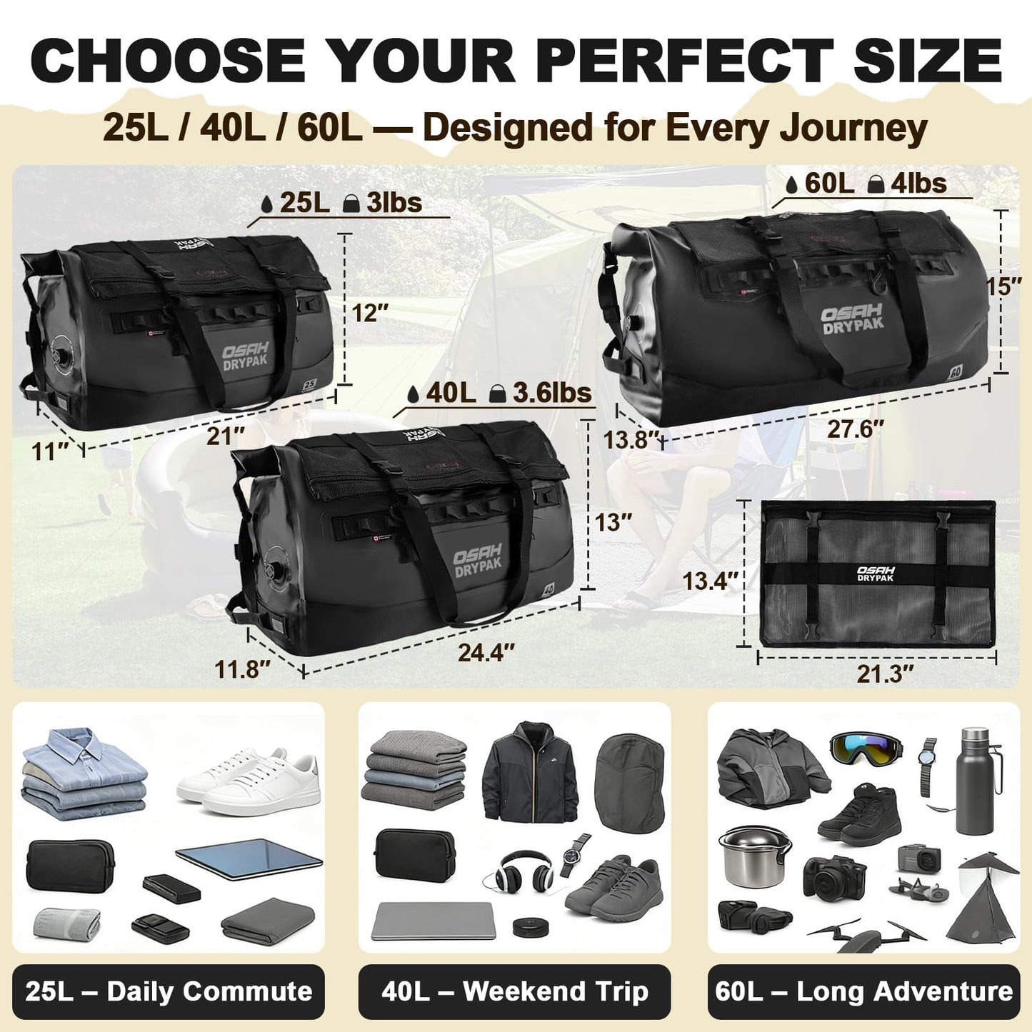 Heavy Duty Waterproof Roll Top Duffel Bag for Travel & Outdoor Adventures