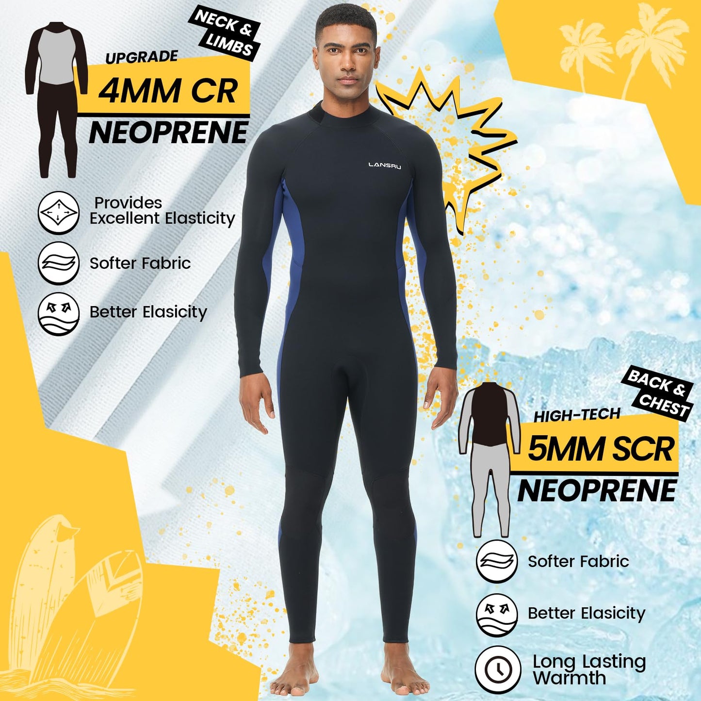 5/4mm Neoprene Wetsuit for Men with Back Zip for Cold Water Activities