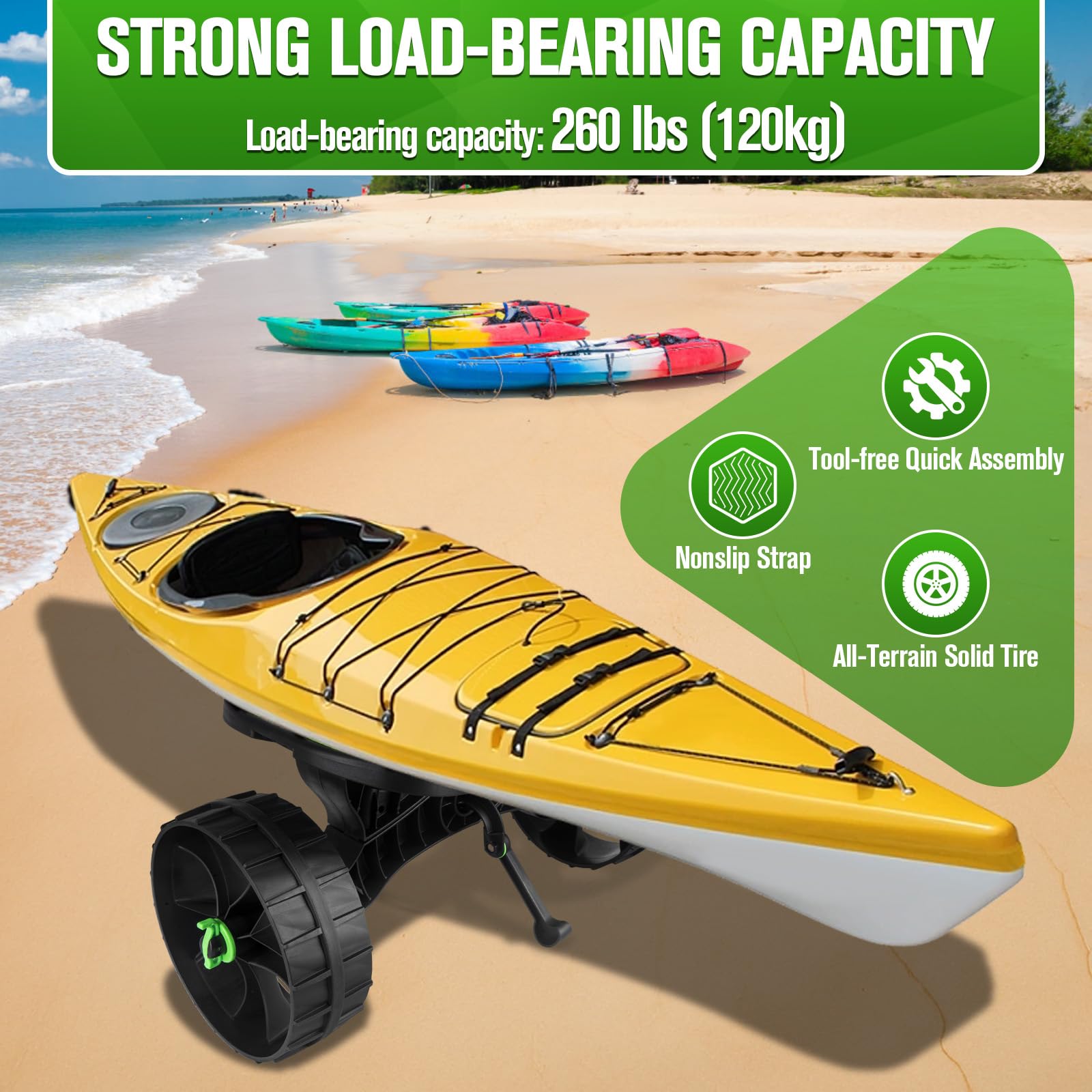 Kayak Cart Dolly with Puncture Free Wheels and Adjustable Straps for Transport