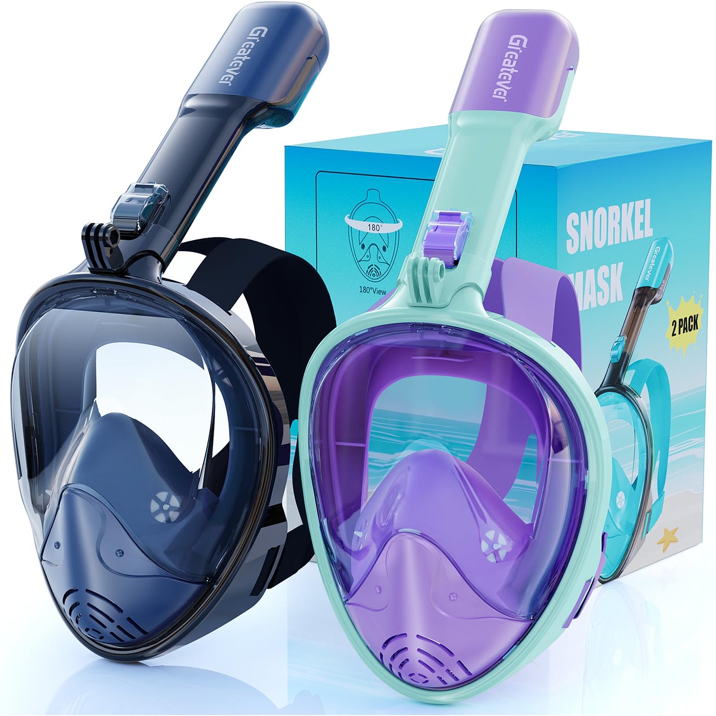 Full Face Snorkel Mask Set with Dry Top System and Camera Mount for Family Snorkeling