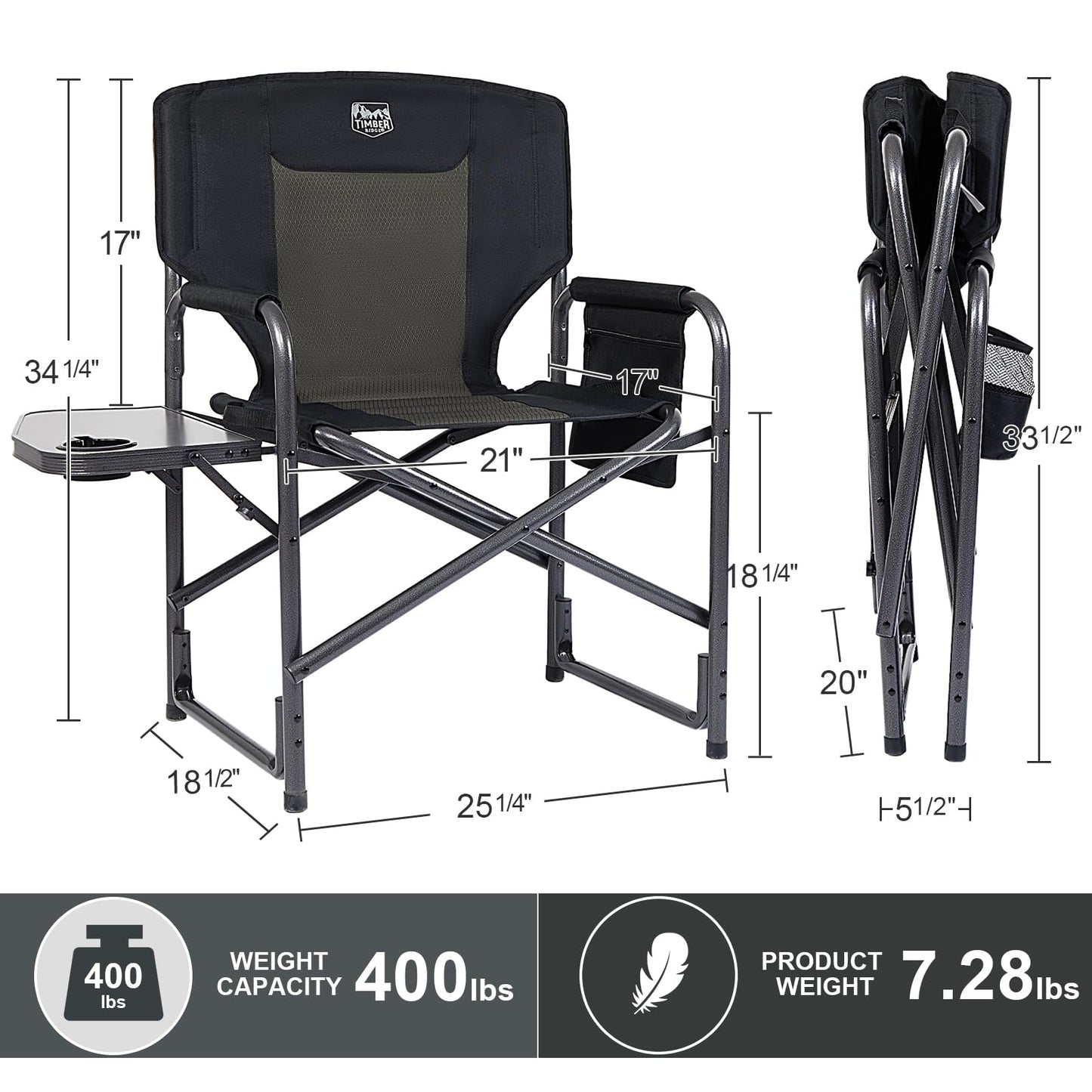 Oversized Aluminum Camping Chair with Side Table and Storage Pocket