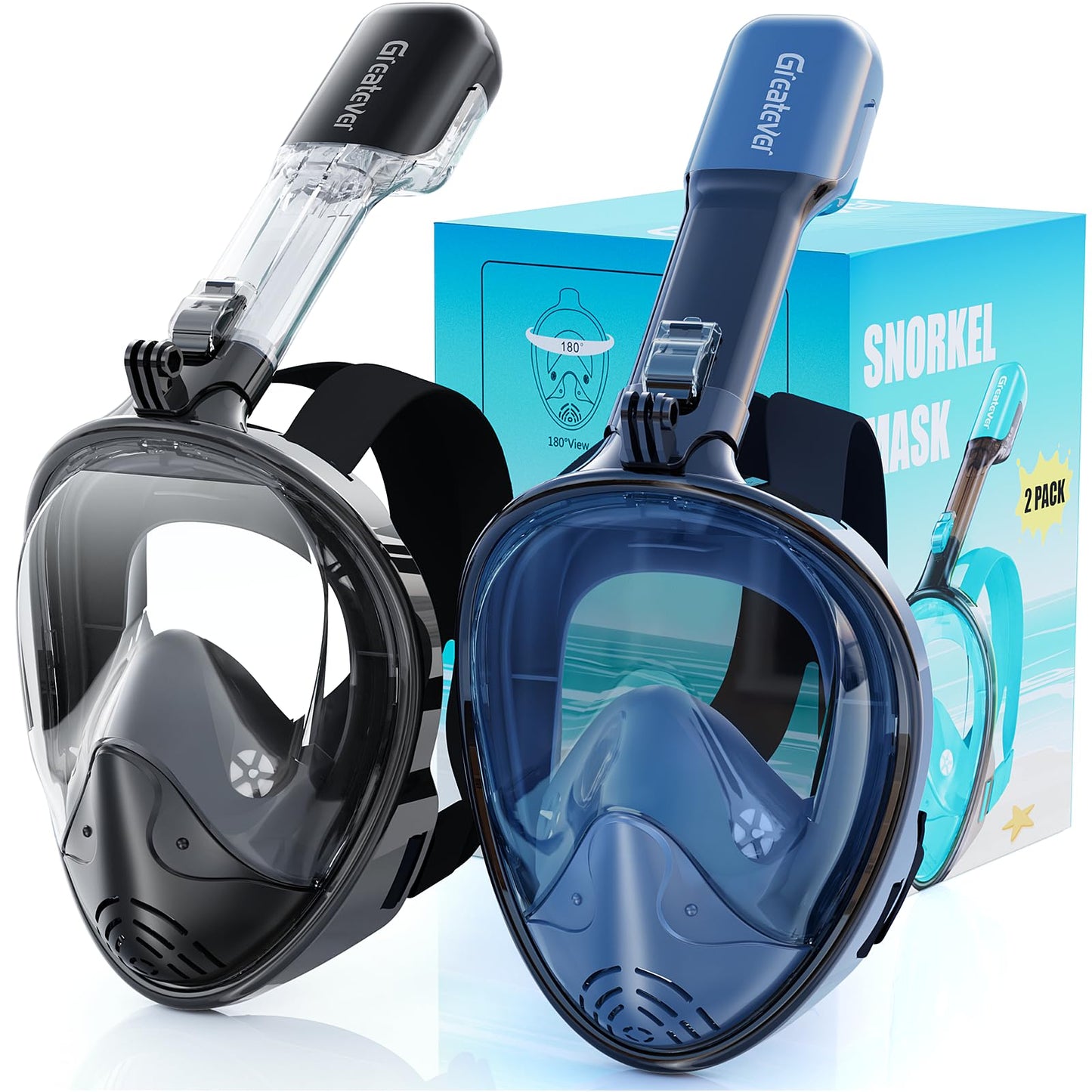 Full Face Snorkel Mask Set with Dry Top System and Camera Mount for Family Snorkeling