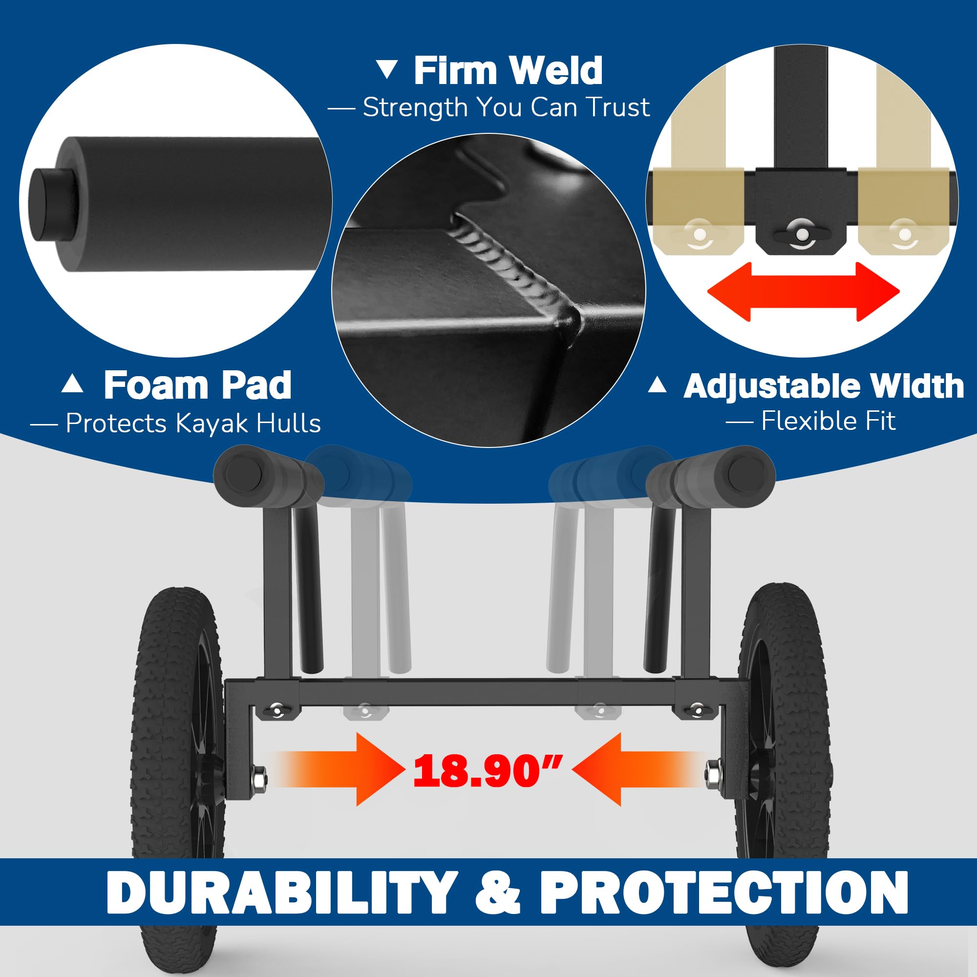 GanFindX Heavy-Duty Kayak Cart, Adjustable Canoe Dolly with 16-Inch Wheels
