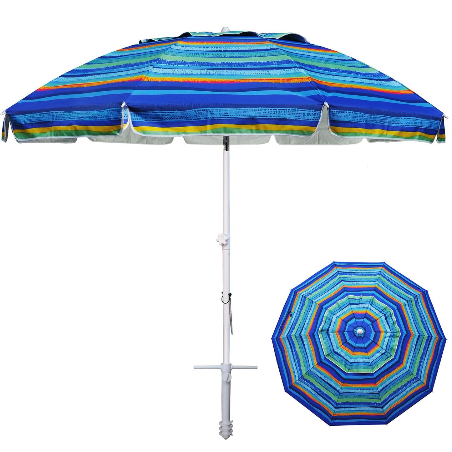 8ft Large Beach Umbrella with Sand Anchor, Tilt & UV Protection for Outdoor Use