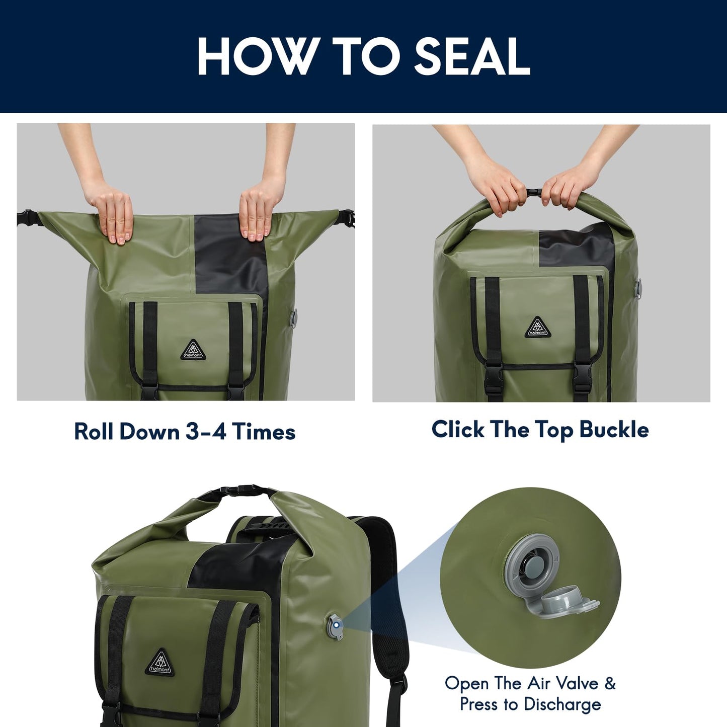 IPX7 Waterproof Roll Top Backpack with Air Valve for Kayaking & Camping