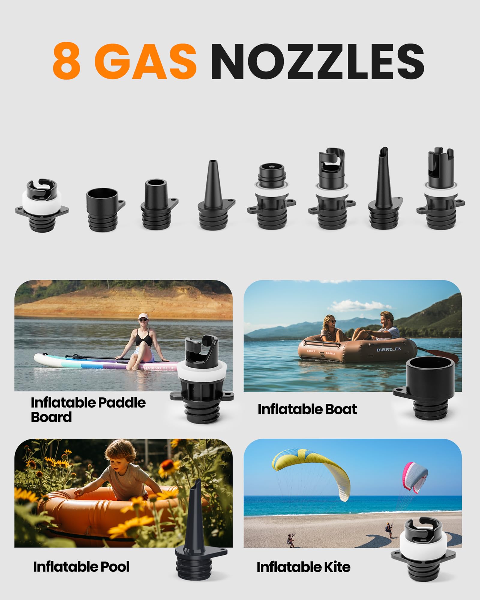 Electric SUP Air Pump with Auto Shutoff and 8 Nozzles for Inflatables