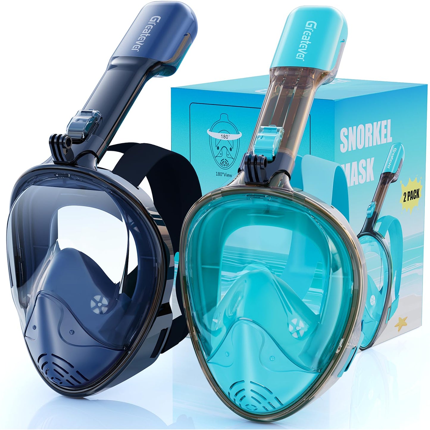 Full Face Snorkel Mask Set with Dry Top System and Camera Mount for Family Snorkeling