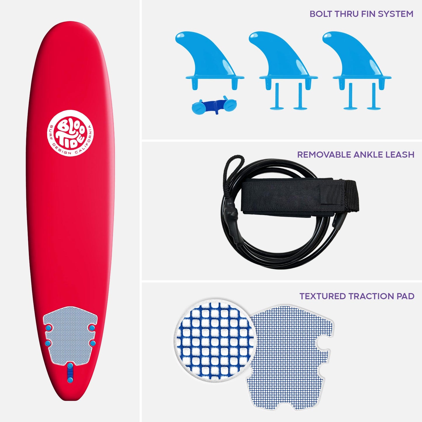 Bloo Tide 8ft Surfboard Soft top Red with Blue Wavizm Design Bottom Graphic