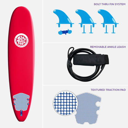 Bloo Tide 8ft Surfboard Soft top Red with Blue Wavizm Design Bottom Graphic