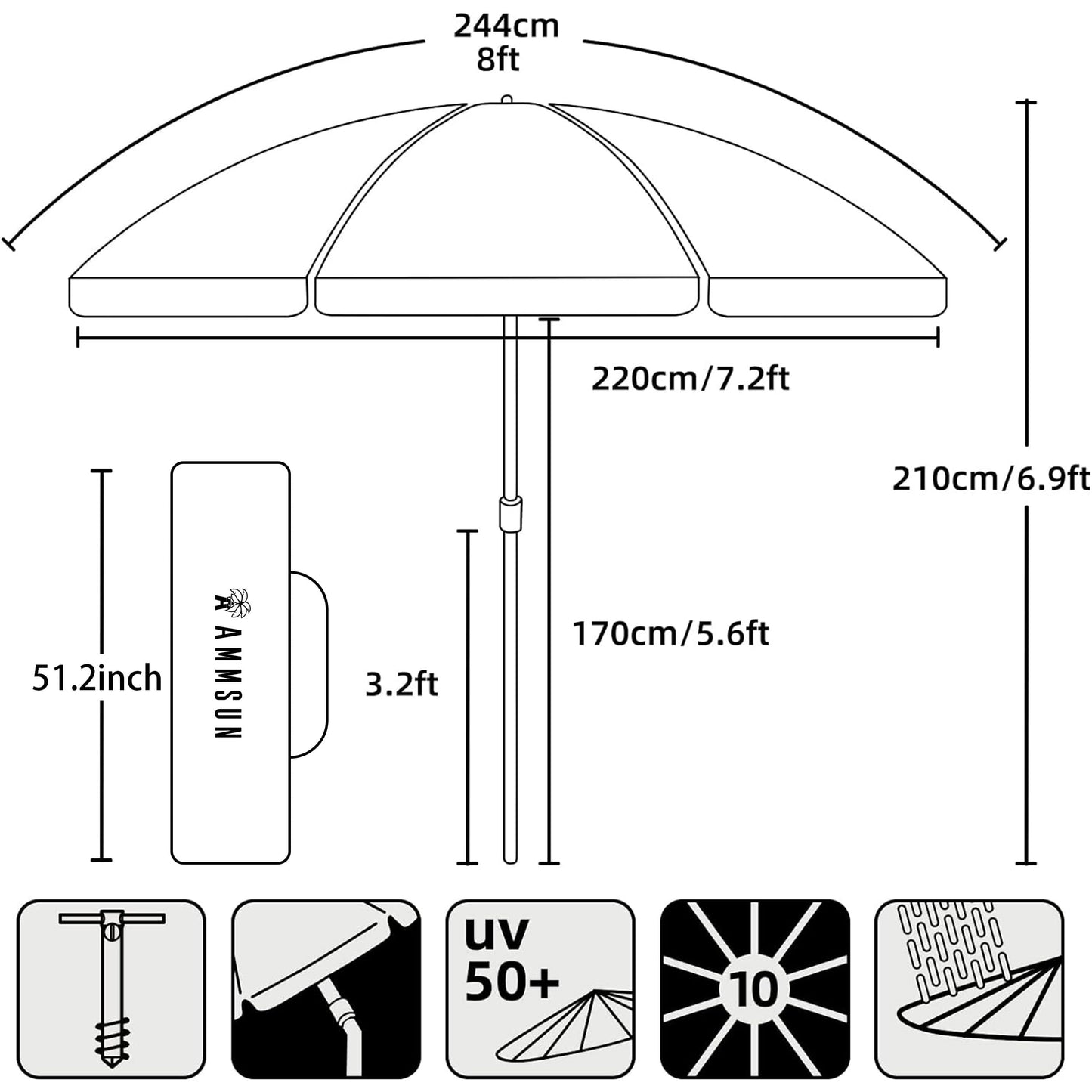 8ft Large Beach Umbrella with Sand Anchor, Tilt & UV Protection for Outdoor Use