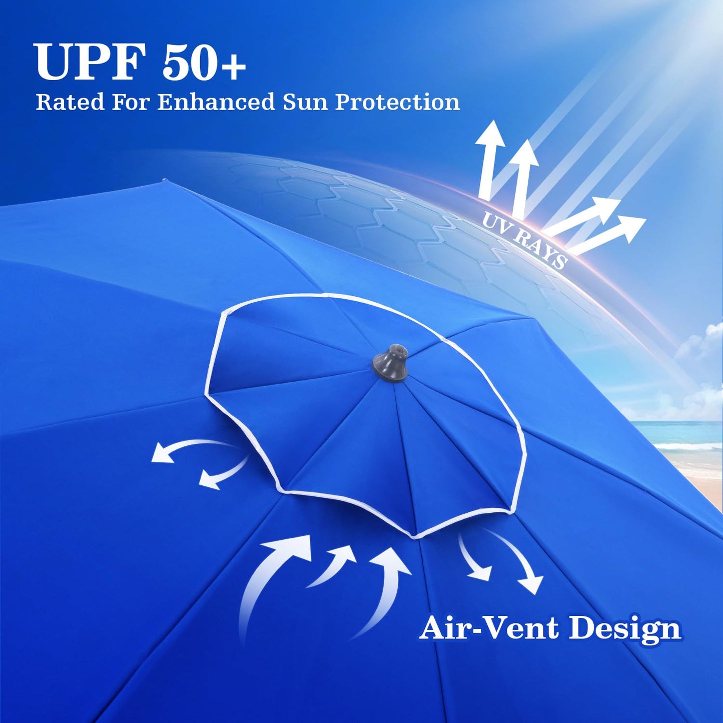 Windproof Beach Umbrella with Sand Anchor, Tilt & UV Protection for Outdoors
