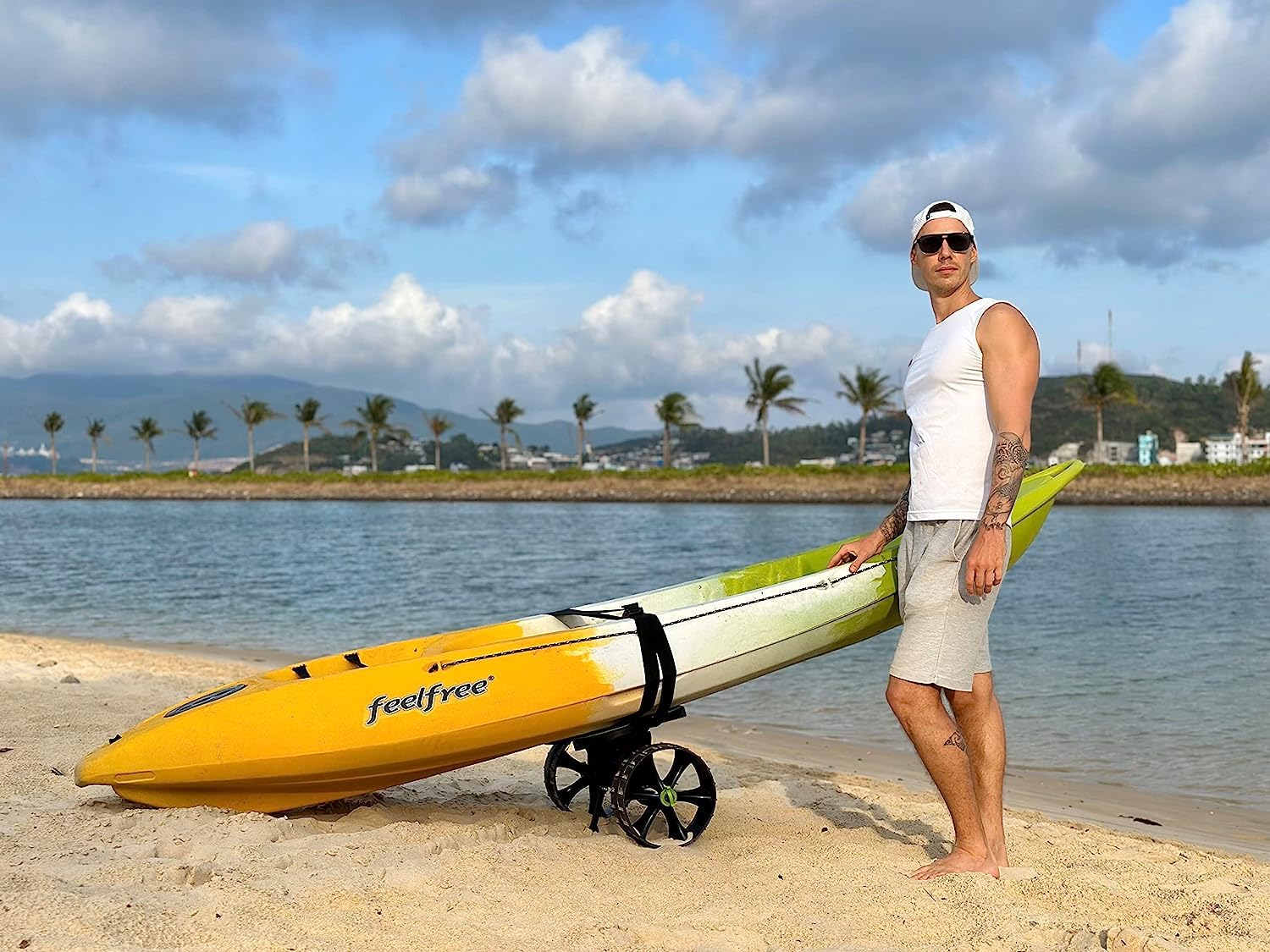 Foldable Kayak Cart with Puncture-Free Wheels and Adjustable Straps for Transport