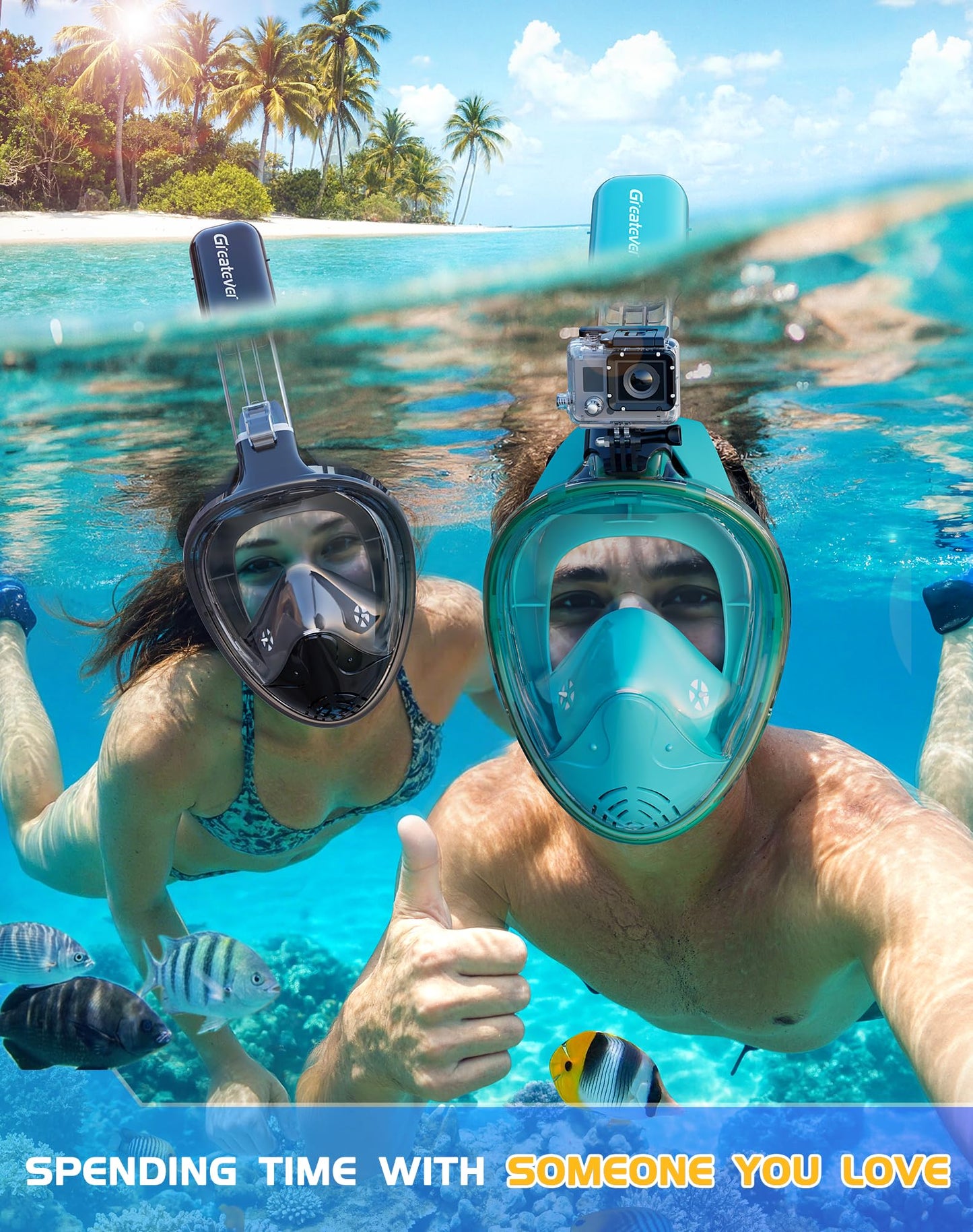 Full Face Snorkel Mask Set with Dry Top System and Camera Mount for Family Snorkeling