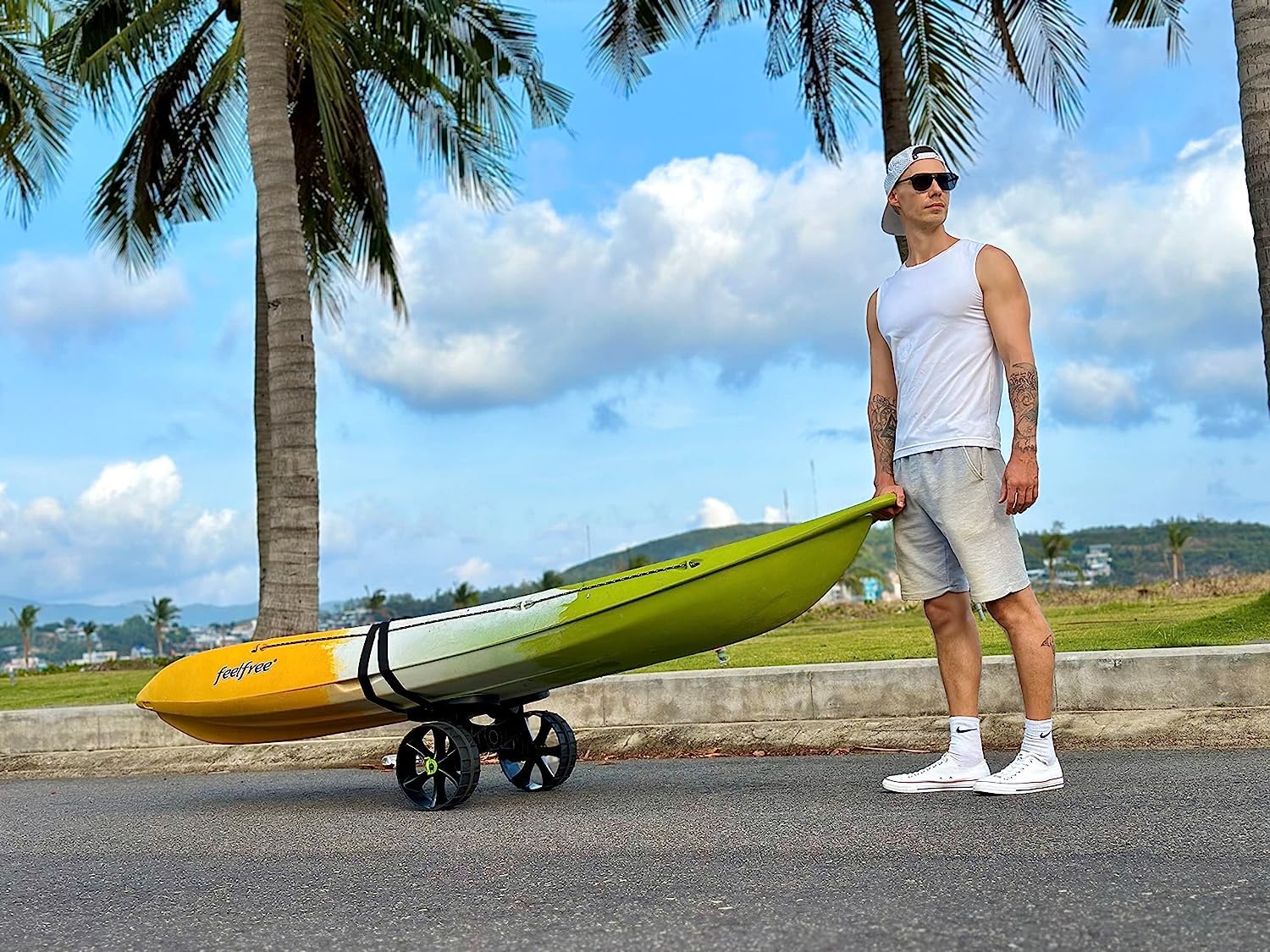 Foldable Kayak Cart with Puncture-Free Wheels and Adjustable Straps for Transport