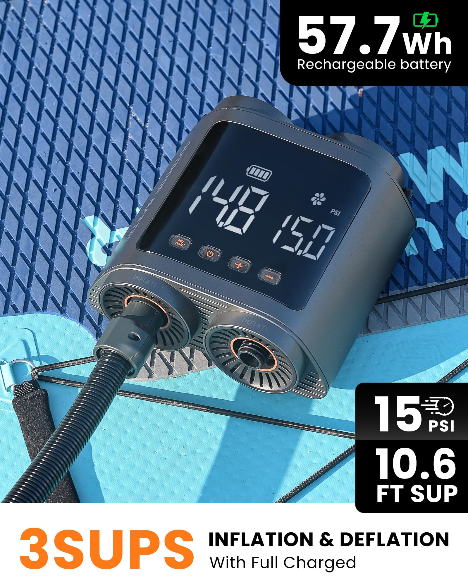 Rechargeable Electric Paddle Board Pump with Battery and Dual-Stage Inflation