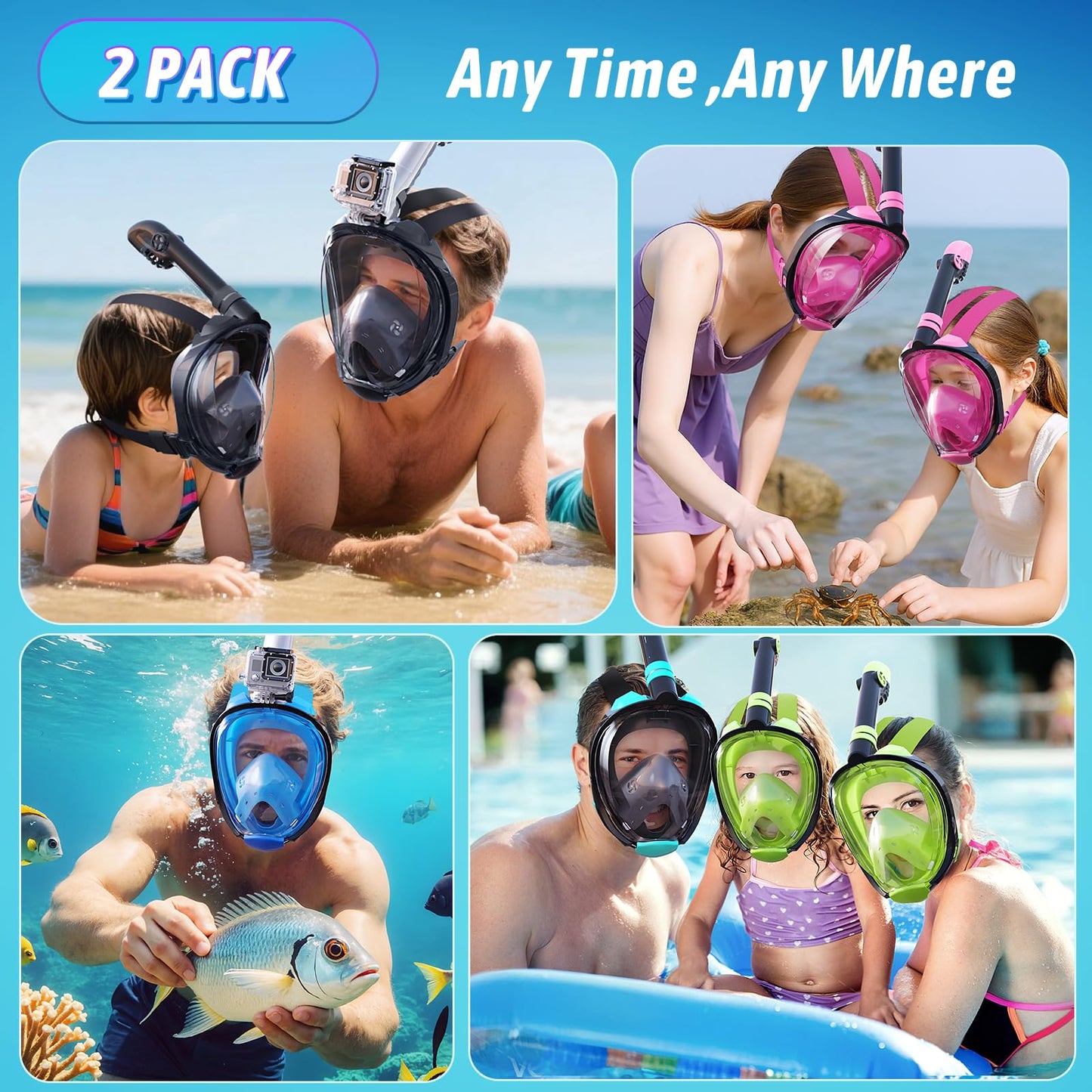 Full Face Snorkel Mask with 180° Panoramic View and Camera Mount