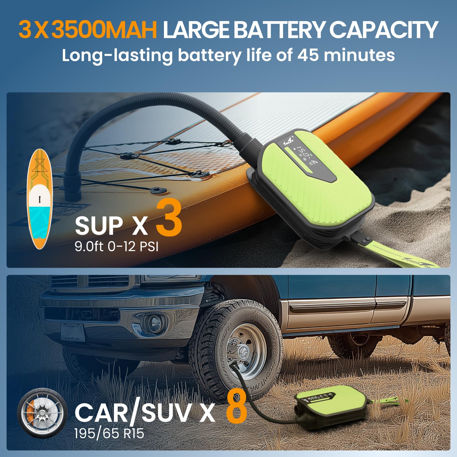 Rechargeable Electric Paddle Board Pump with Dual Stage Inflation & Deflation