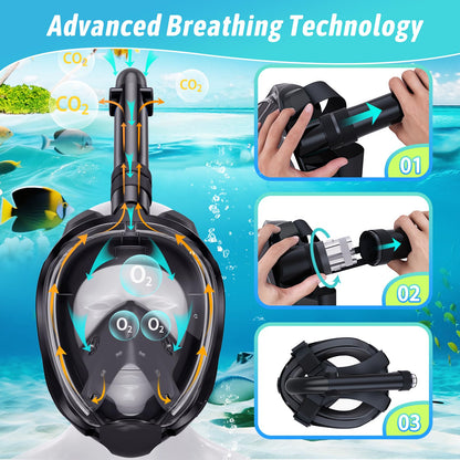 Full Face Snorkel Mask with 180° Panoramic View and Camera Mount