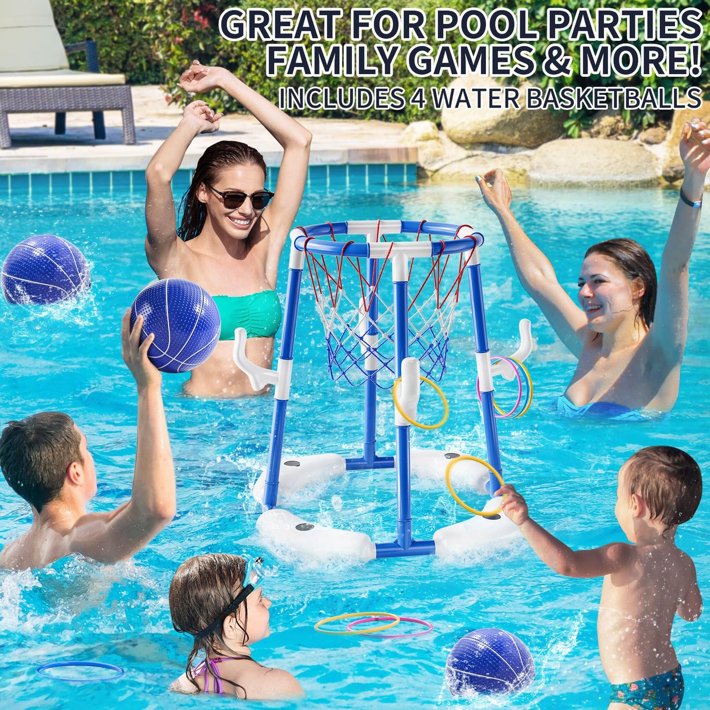 Floating Pool Basketball Hoop Game Set with Balls and Pump for Outdoor Fun