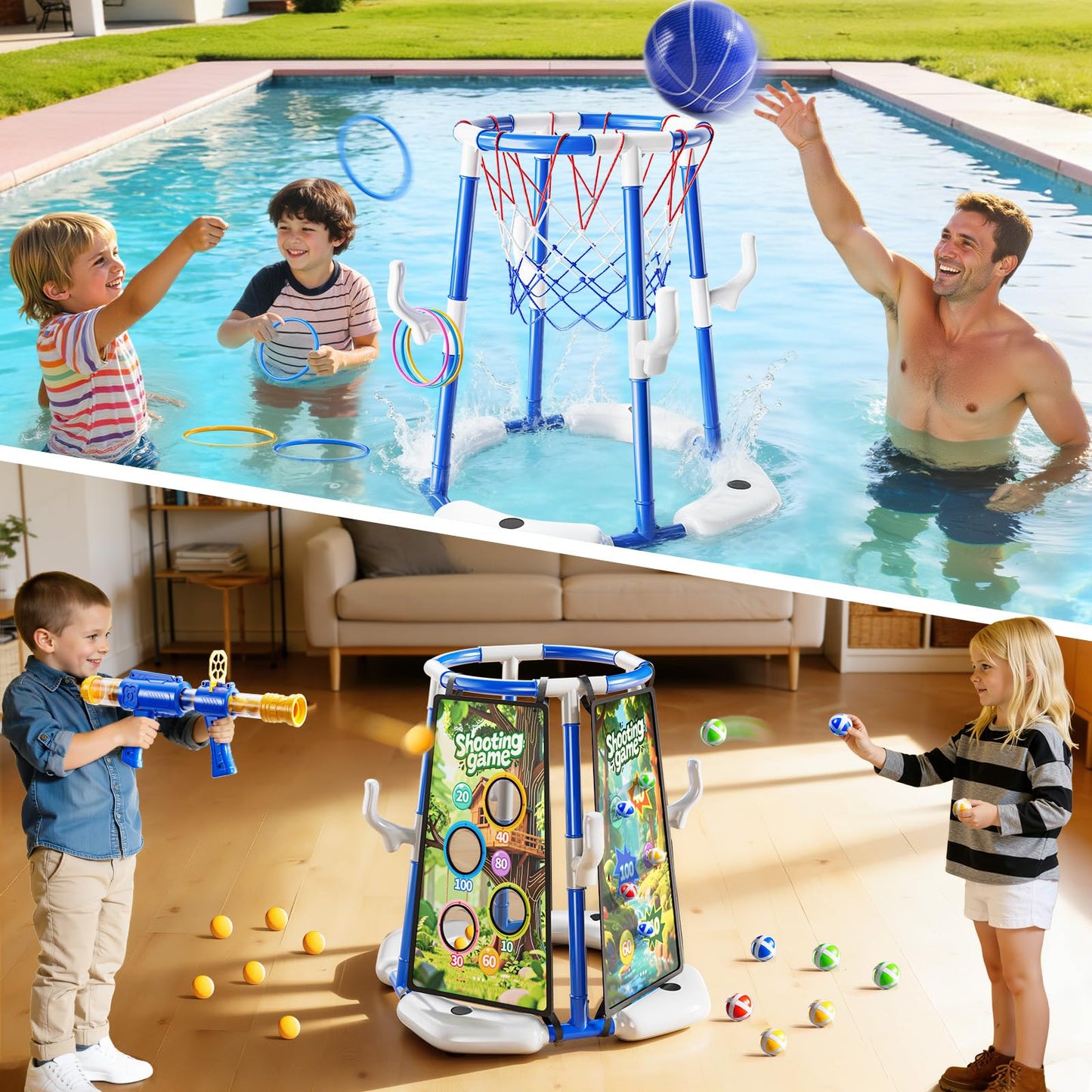 Floating Pool Basketball Hoop Game Set with Balls and Pump for Outdoor Fun
