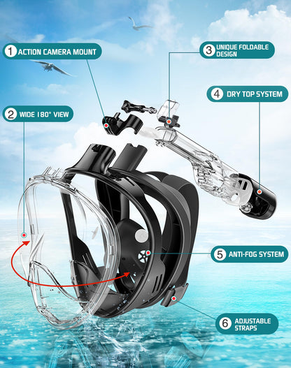 Full Face Snorkel Mask with Dry Top System and Camera Mount for Adults