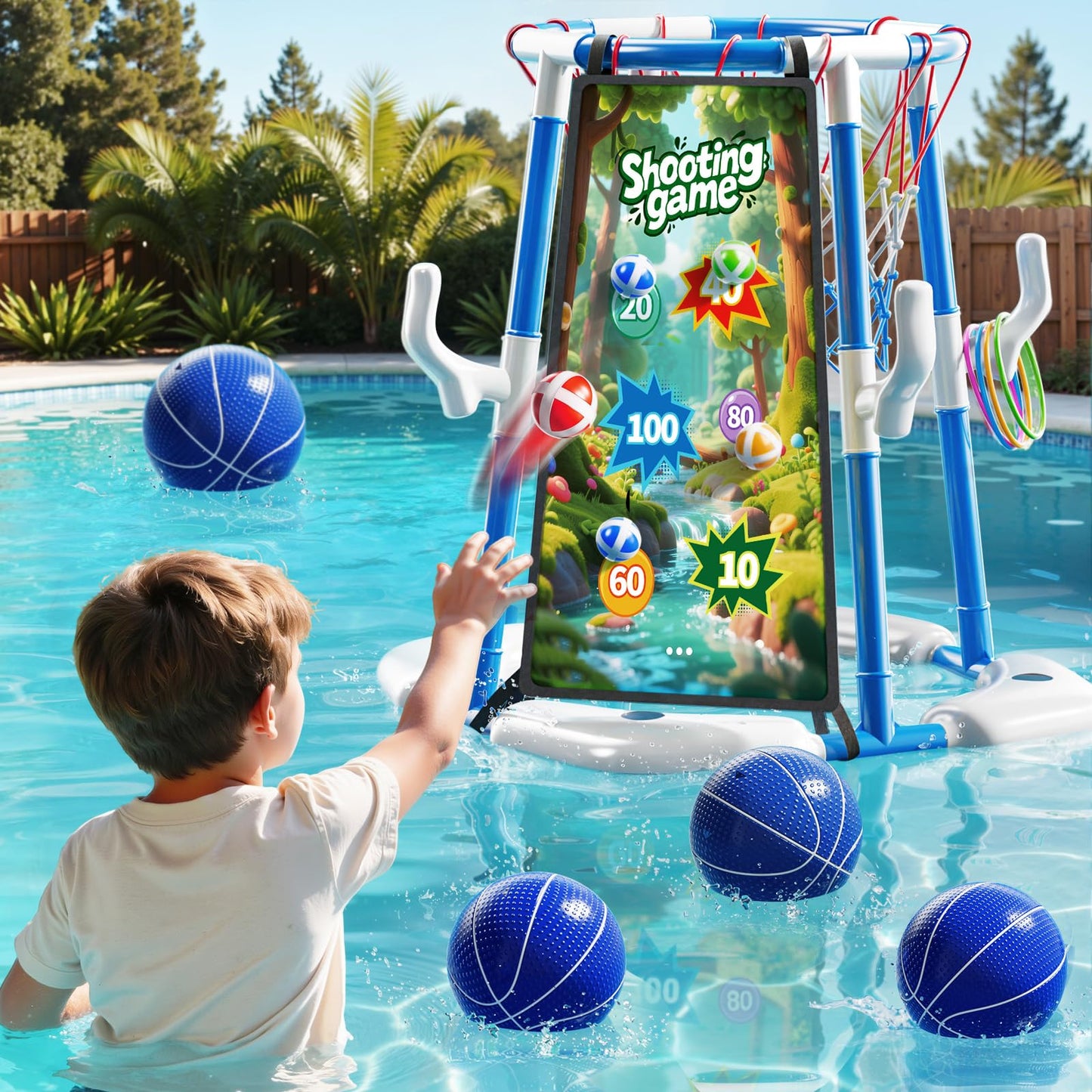 Floating Pool Basketball Hoop Game Set with Balls and Pump for Outdoor Fun