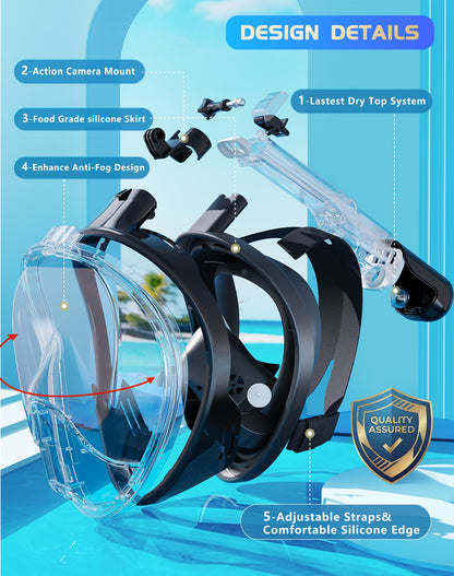 Full Face Snorkel Mask Set with Dry Top System and Camera Mount for Family Snorkeling