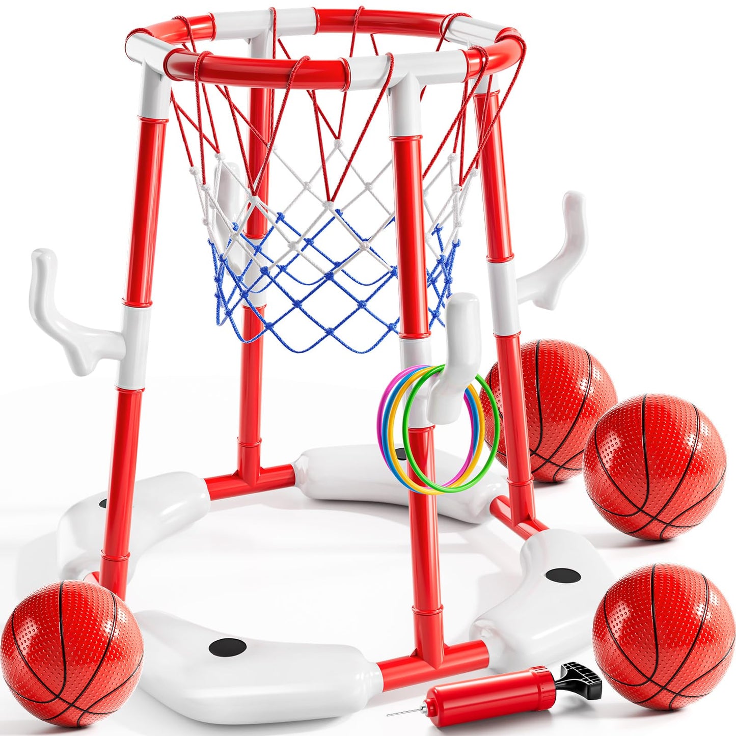 Floating Pool Basketball Hoop Game Set with Balls and Pump for Outdoor Fun