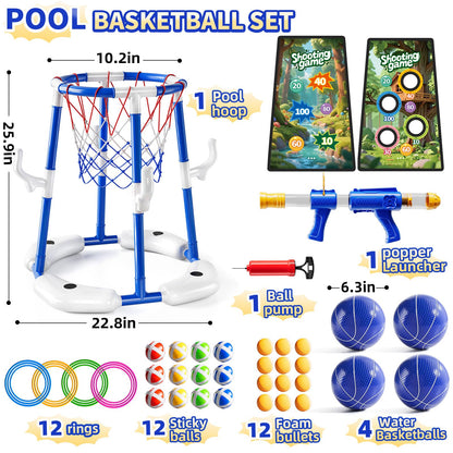 Floating Pool Basketball Hoop Game Set with Balls and Pump for Outdoor Fun
