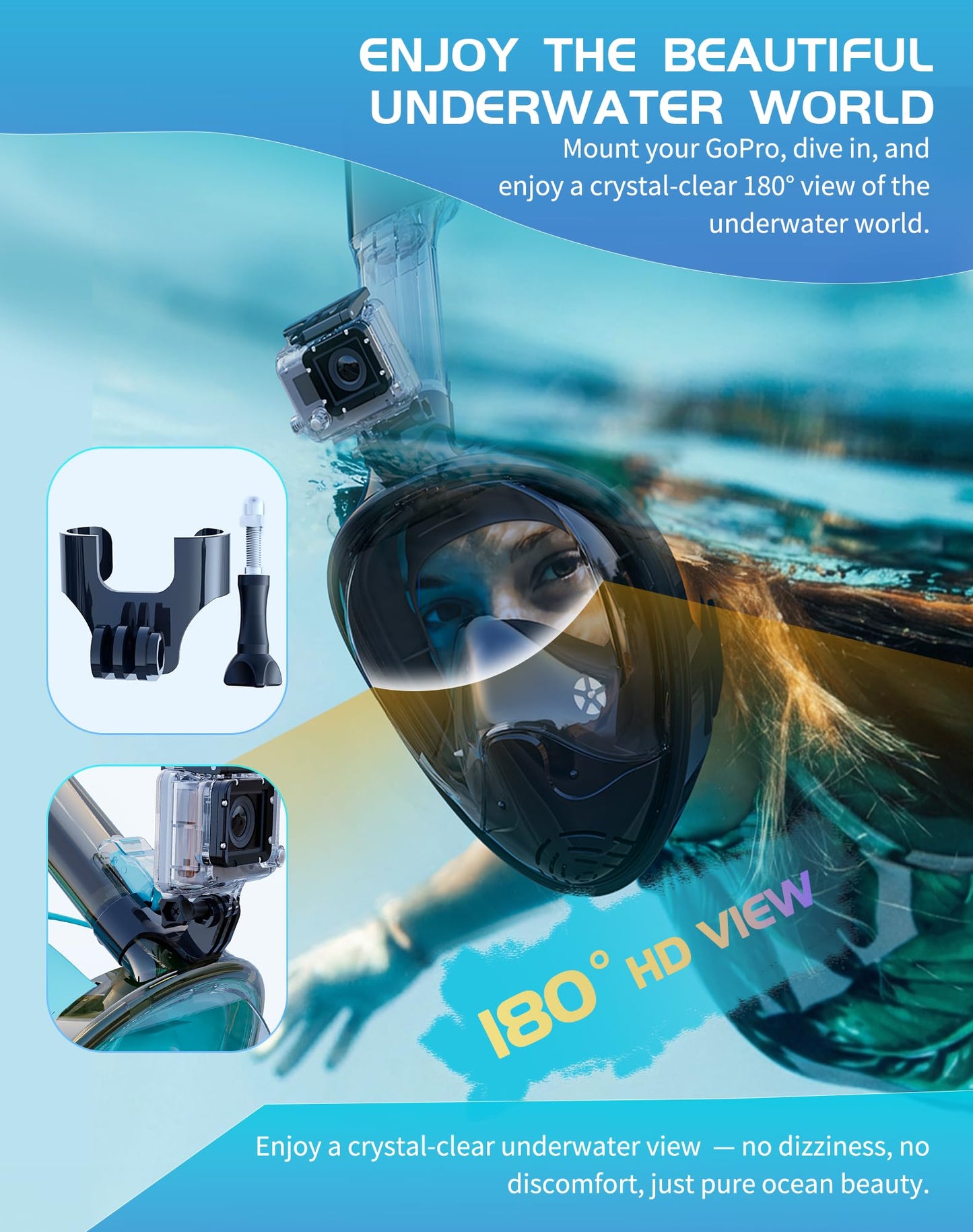 Full Face Snorkel Mask Set with Dry Top System and Camera Mount for Family Snorkeling