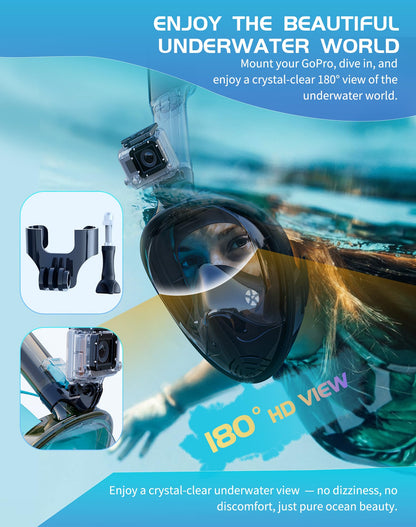 Full Face Snorkel Mask Set with Dry Top System and Camera Mount for Family Snorkeling