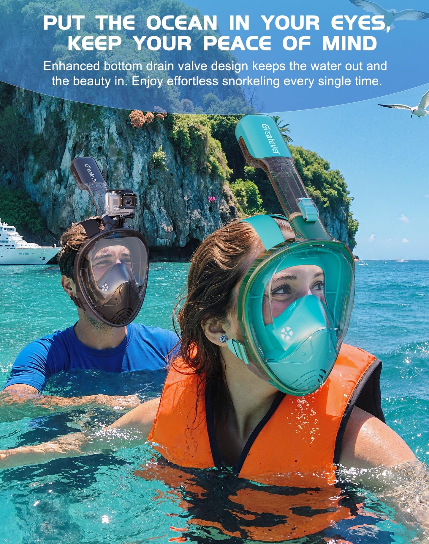 Full Face Snorkel Mask Set with Dry Top System and Camera Mount for Family Snorkeling