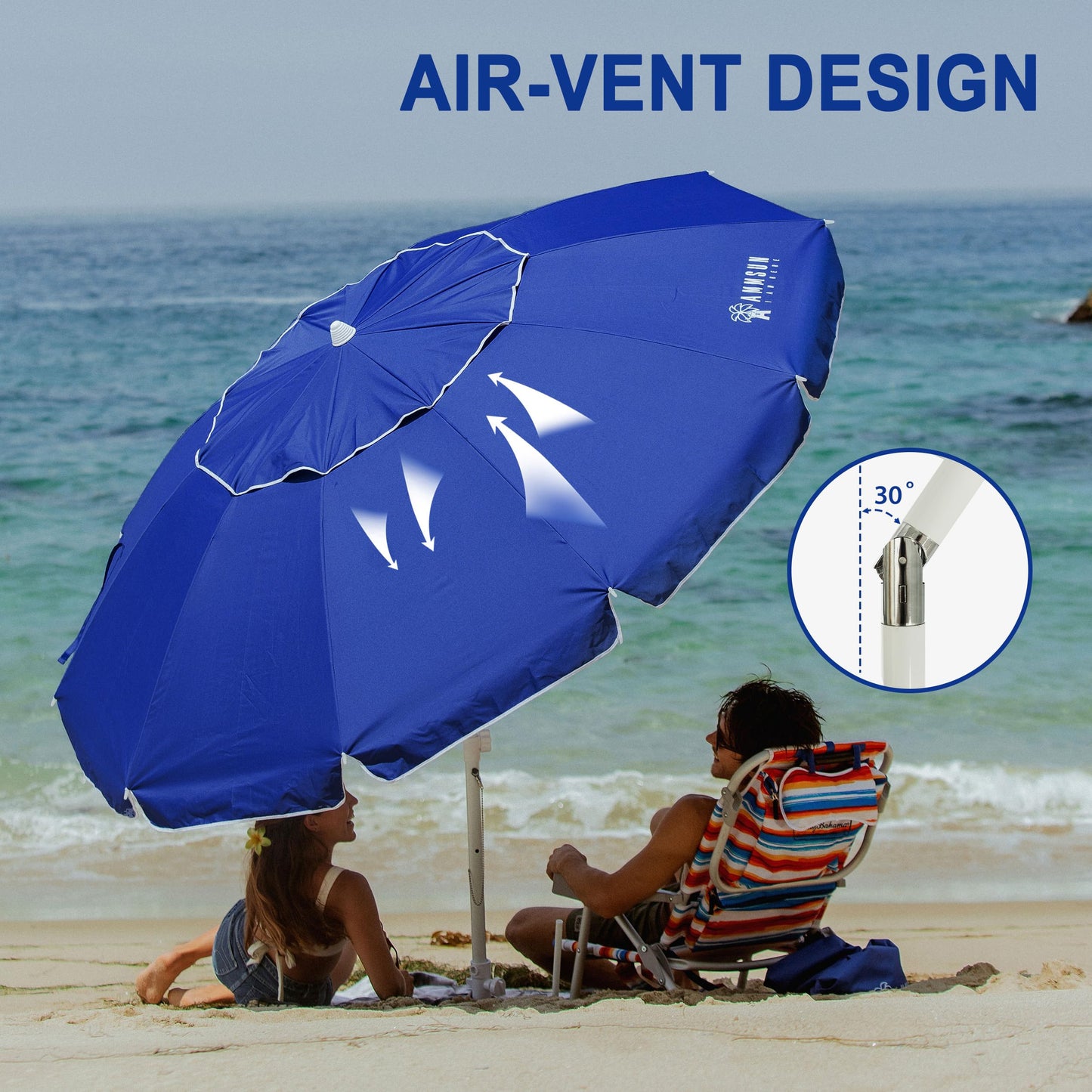 8ft Large Beach Umbrella with Sand Anchor, Tilt & UV Protection for Outdoor Use